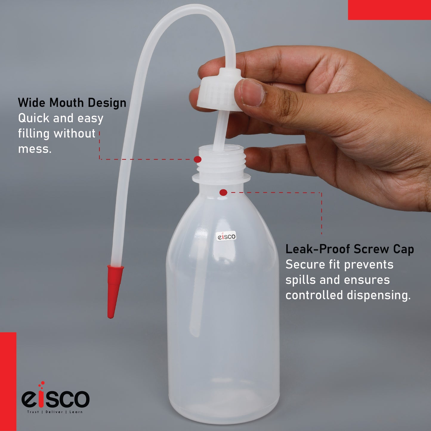 Eisco ( Pack of 6 x 250ml Polyethylene Wash Bottles – Unbreakable, Leakproof Lab Bottles with Flexible Delivery Tube | Chemical Resistant | Easy Squeeze Bottles for Laboratory Use