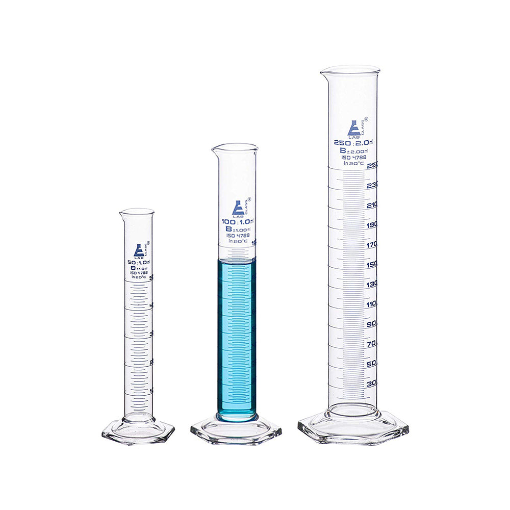 LabGlass by EISCO - Measuring Cylinders, 50 ml, 100 ml & 250 ml, Graduated, Class-B, Hexagonal Base with Spout, Borosilicate Glass 3.3, Blue Graduations, Set of 3