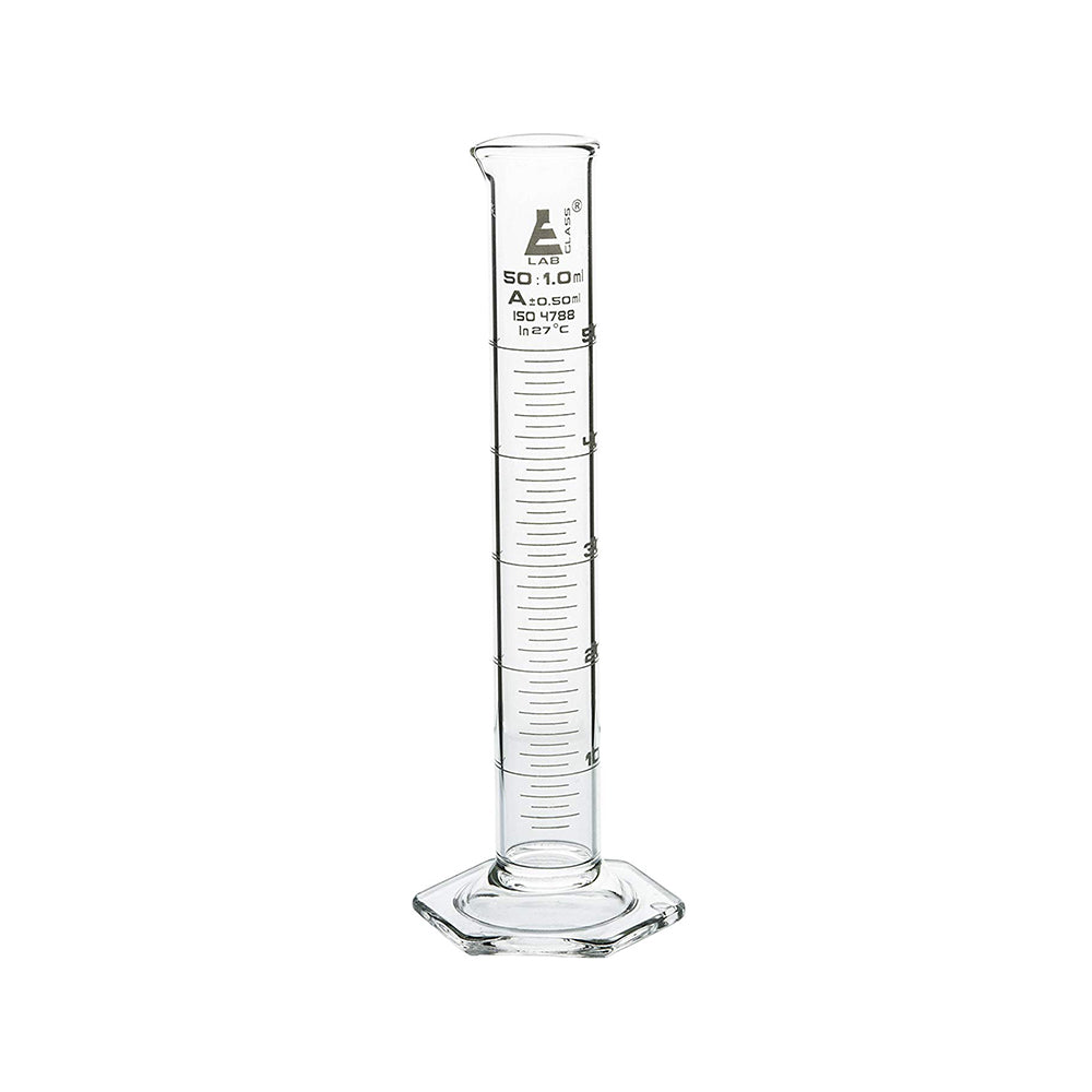 Measuring Cylinder, NABL Certified, Hexagonal Base, Class-A, 50 ml, Highest Accuracy with Calibration Certificate, Calibrated in 27 Degrees