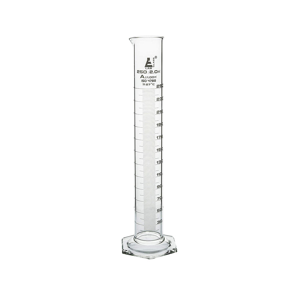 Measuring Cylinder, NABL Certified, Hexagonal Base, Class-A, 250 ml, Highest Accuracy with Calibration Certificate, Calibrated in 27 Degrees