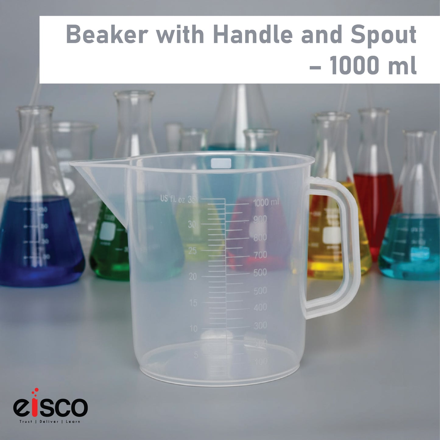 Beaker with Handle and Spout, 1000 ml, Euro Design, Polypropylene, Graduated, Short Form, Autoclavable