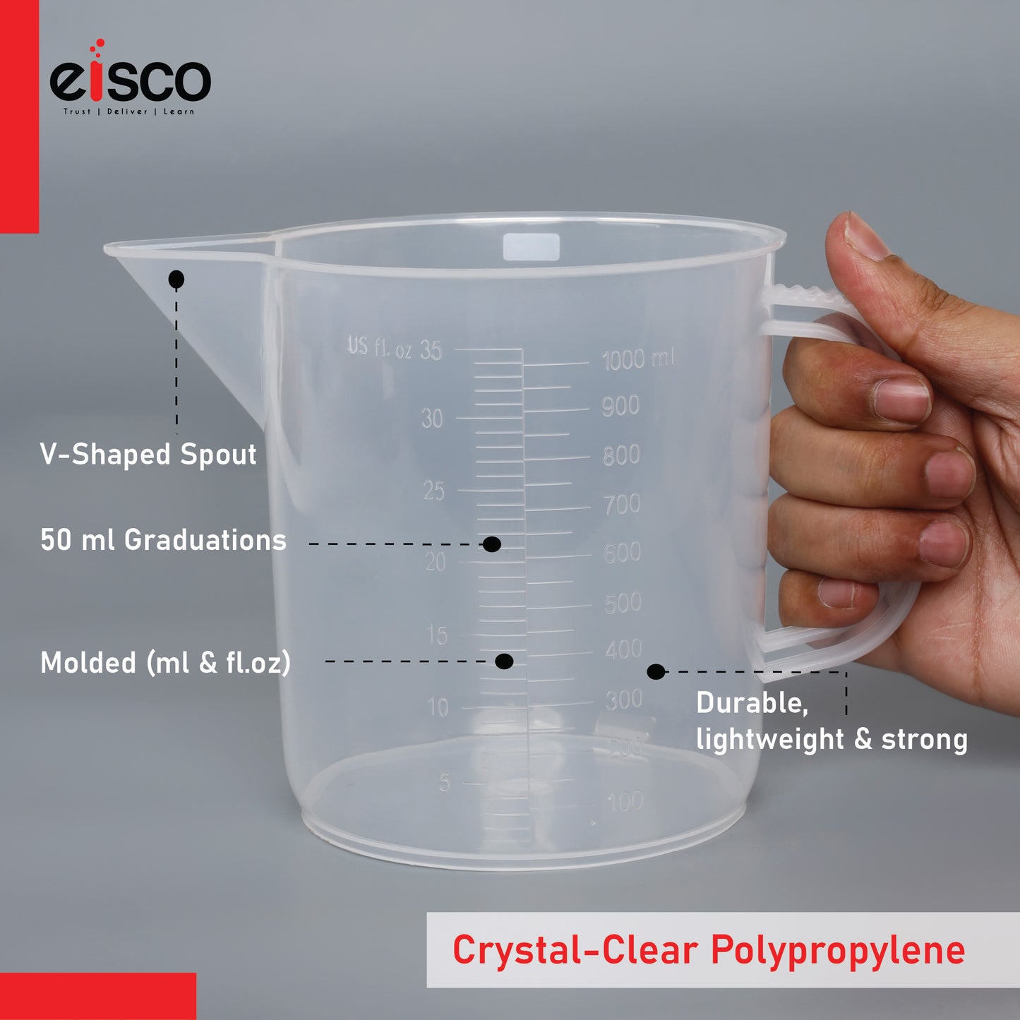 Beaker with Handle and Spout, 1000 ml, Euro Design, Polypropylene, Graduated, Short Form, Autoclavable