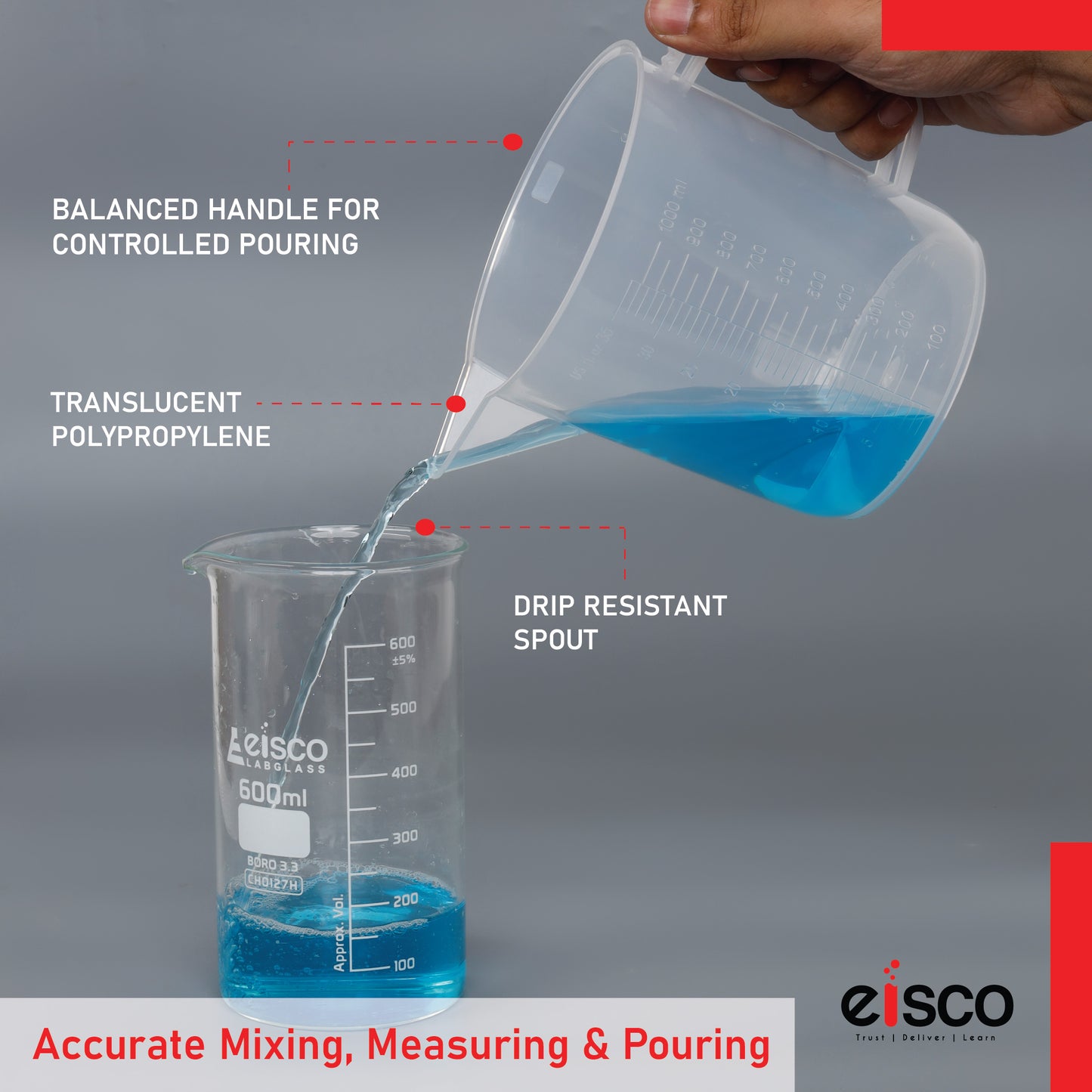 Beaker with Handle and Spout, 1000 ml, Euro Design, Polypropylene, Graduated, Short Form, Autoclavable