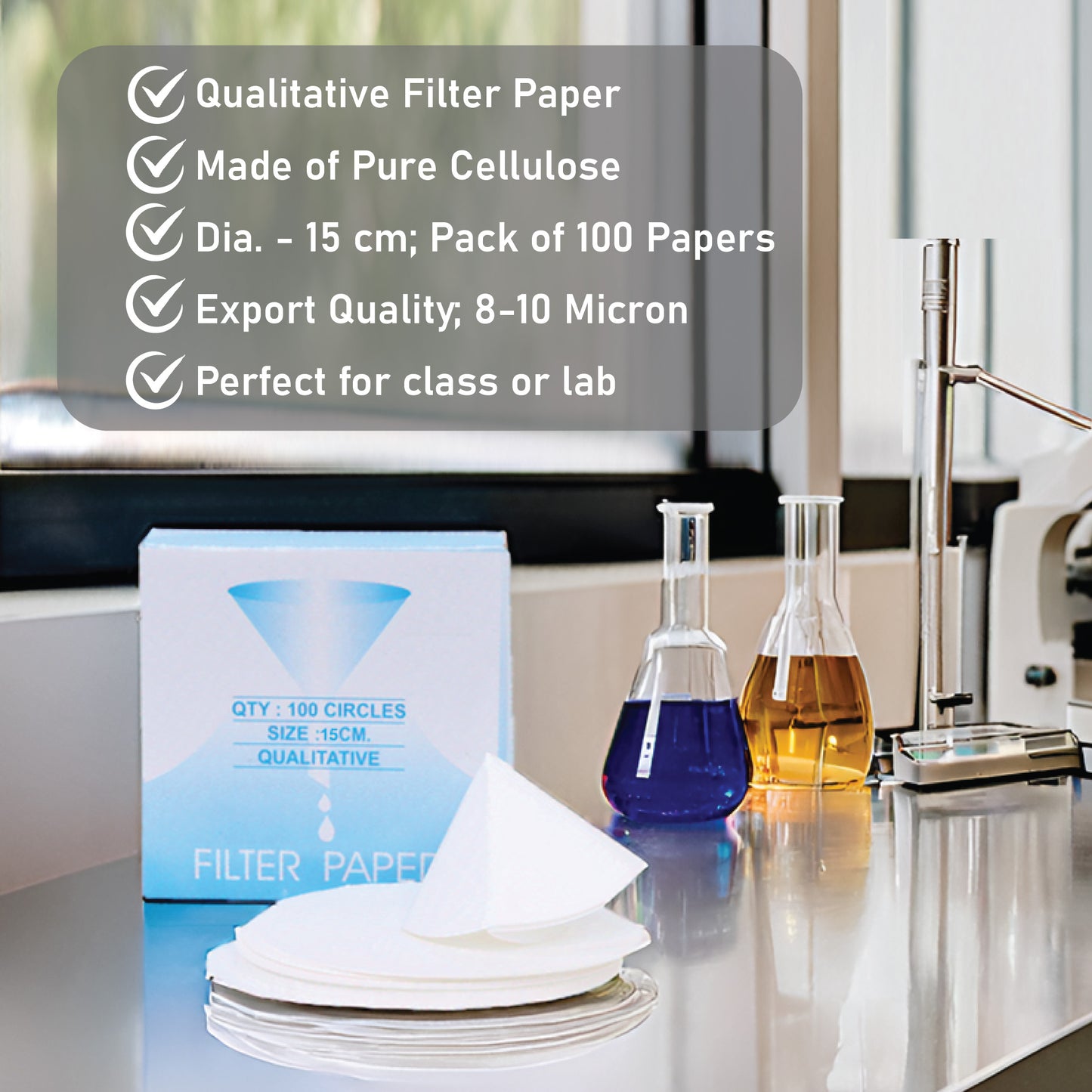 EISCO Filter Paper (Pack of 100) 15cm Diameter, 8-10 Micron | Lab-Grade Qualitative Filter Paper for Chemistry, Testing, and Science Experiments | Pure Cellulose Material for Classroom, Research Use