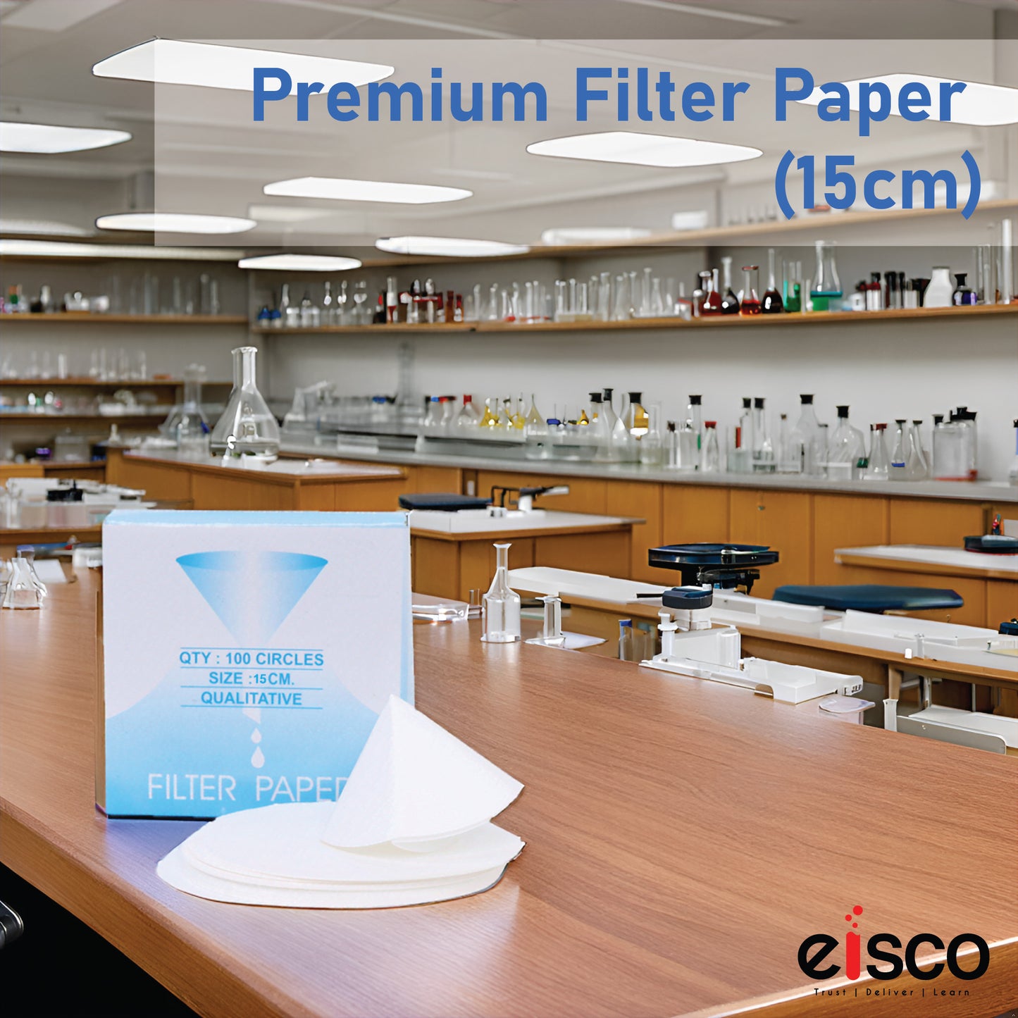 EISCO Filter Paper (Pack of 100) 15cm Diameter, 8-10 Micron | Lab-Grade Qualitative Filter Paper for Chemistry, Testing, and Science Experiments | Pure Cellulose Material for Classroom, Research Use