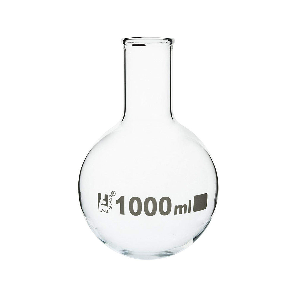 Eisco Round Bottom Boiling Flask 1000ml, Borosilicate Glass 3.3, High-Temperature Safe, Narrow Neck, Beaded Rim, Ideal for Chemistry, Scientific Research, Distillation, Heating (Pack of 6)