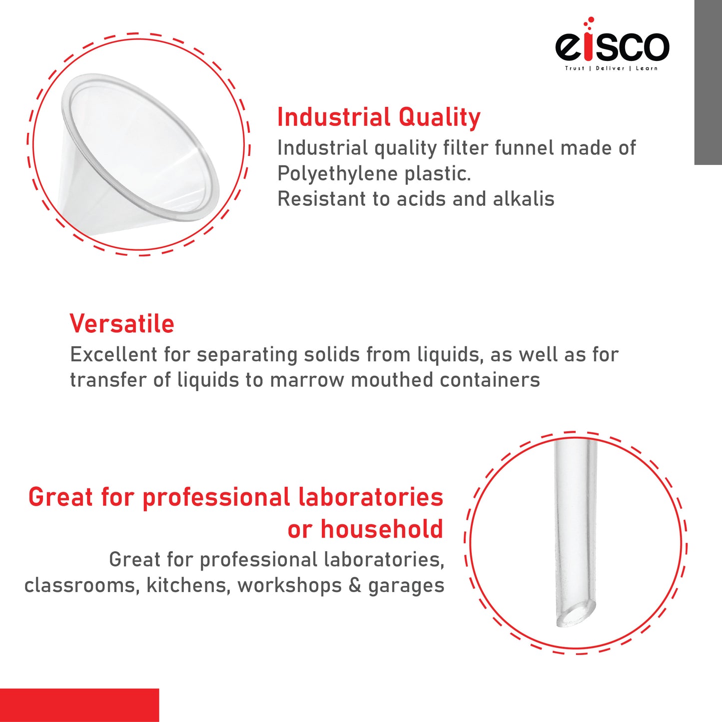 EISCO Plastic Filter Funnel – 62mm Diameter, 62mm Stem, Polyethylene (Pack of 10) Lab Filtration Funnel for Chemistry, Science Experiments, Liquid Transfer, Oil, Acids, Solvents, Industrial & Home Use