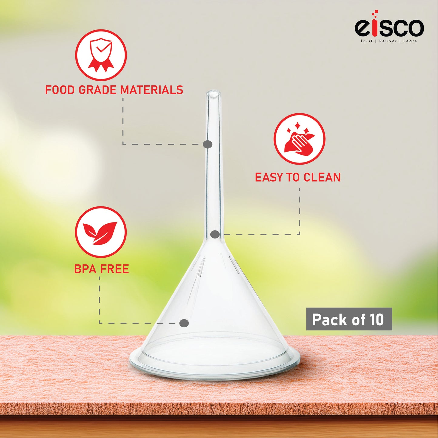 EISCO Plastic Filter Funnel – 62mm Diameter, 62mm Stem, Polyethylene (Pack of 10) Lab Filtration Funnel for Chemistry, Science Experiments, Liquid Transfer, Oil, Acids, Solvents, Industrial & Home Use