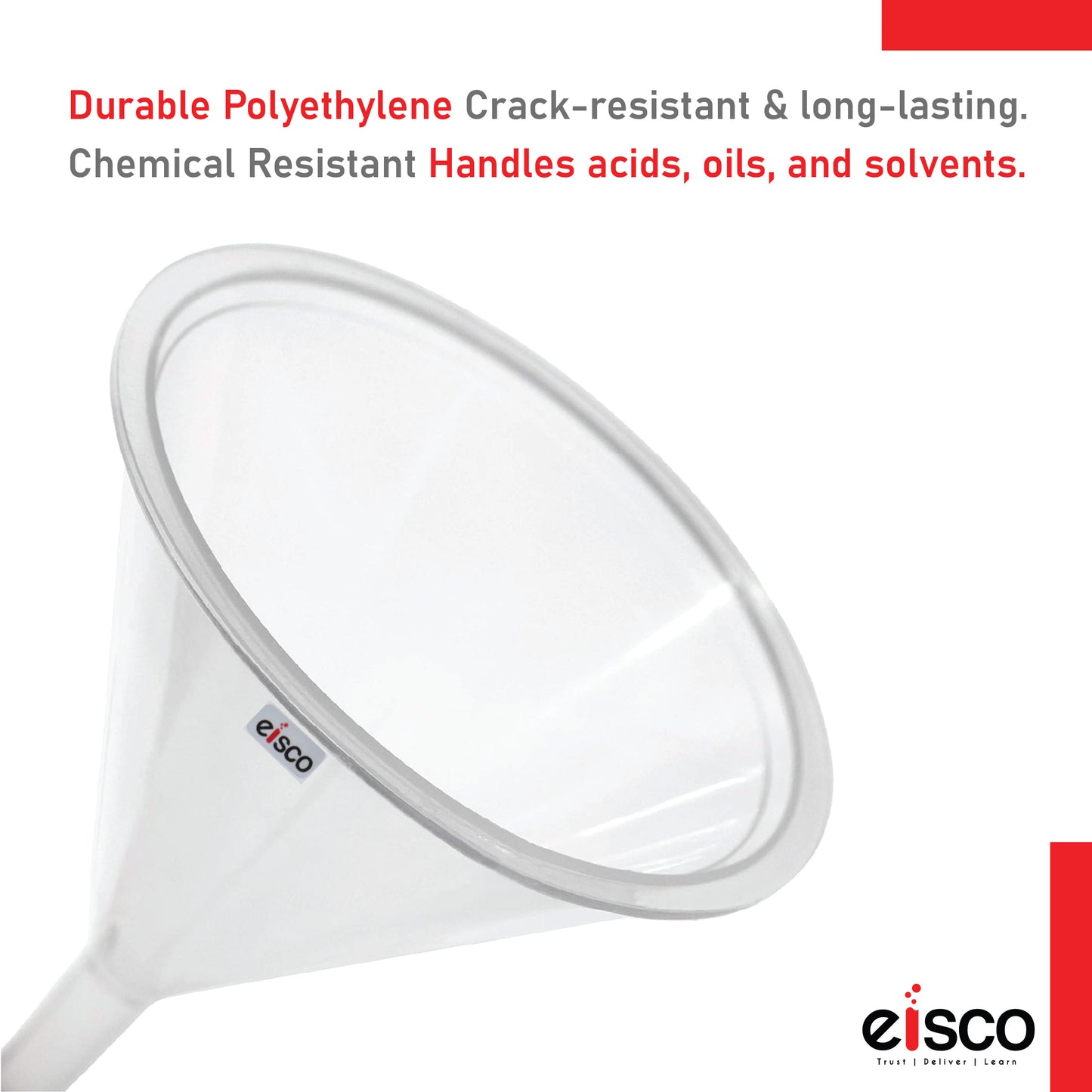 EISCO Plastic Filter Funnel – 75mm Diameter, 76mm Stem, Polyethylene (Pack of 10) Chemical-Resistant Lab Funnel for Filtration, Laboratory, Scientific Research, Oil, Acids, Solvents, Water, Home & Industrial Use