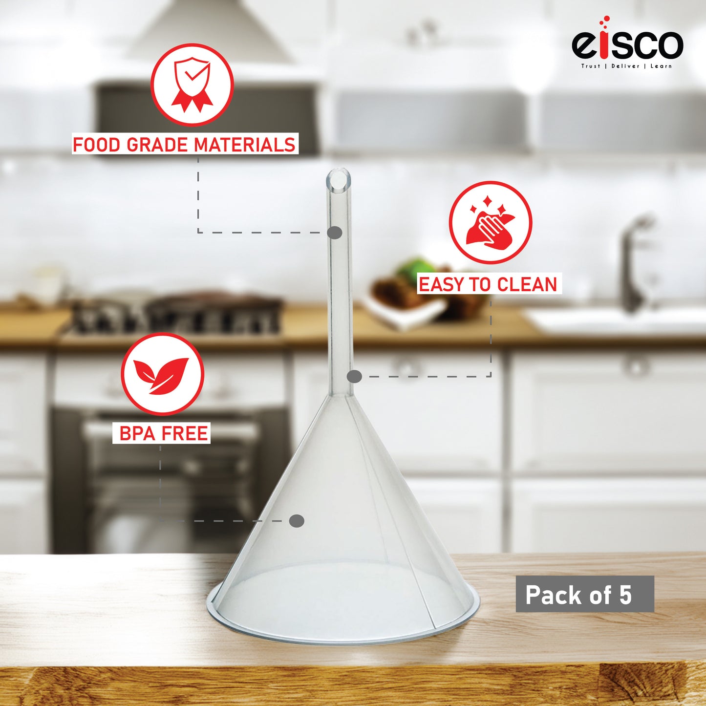 EISCO Plastic Filter Funnel – 100mm Diameter, 80mm Stem, Polyethylene (Pack of 5) Heavy-Duty Laboratory Funnel for Filtration, Scientific Experiments, Liquid Handling, Water, Fuel, Solvents, Acids, Oil & Industrial Applications