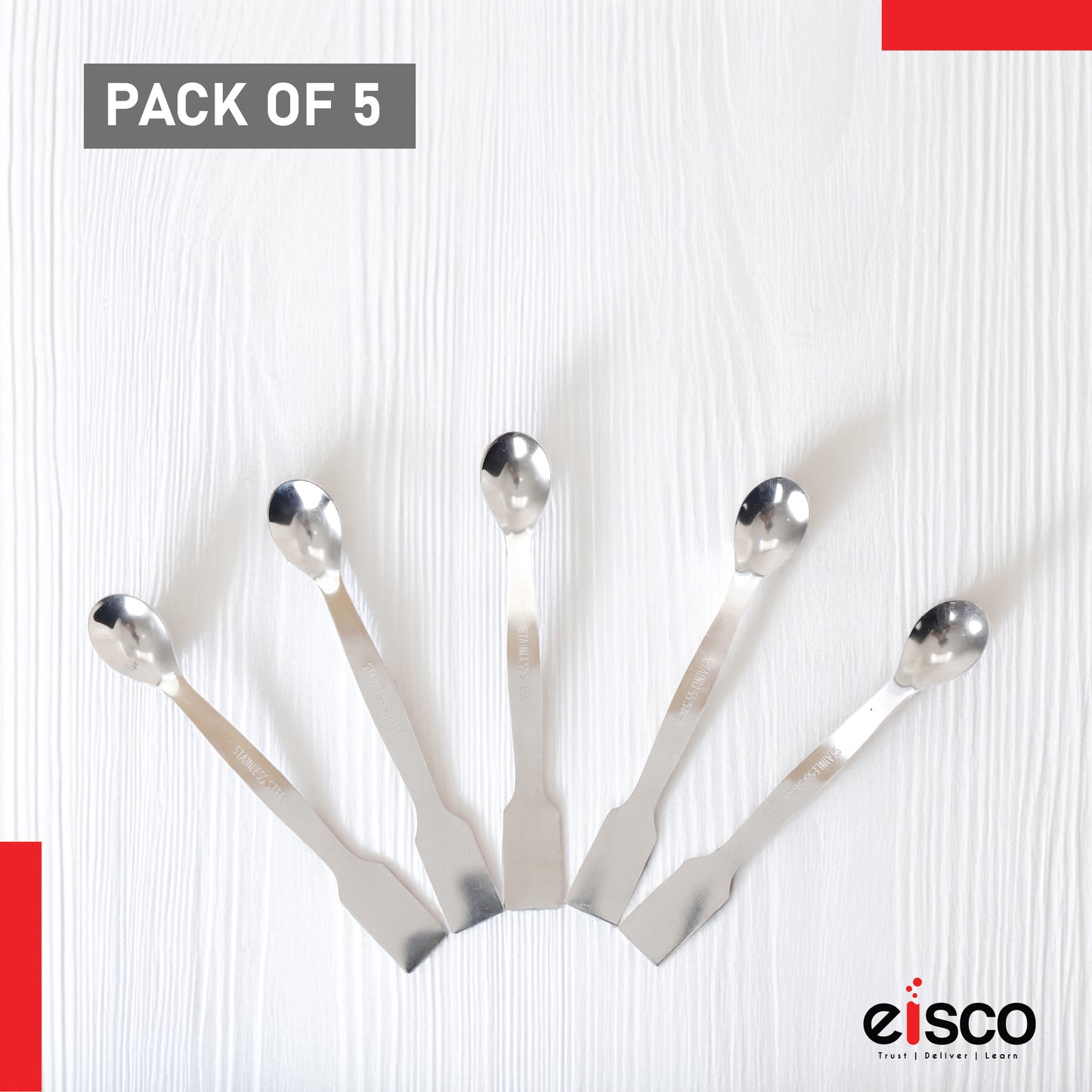 Eisco Stainless Steel Lab Spatula – 15cm, Dual-End Spoon & Flat Blade, Multipurpose Tool for Science Labs, Kitchen, Powder Mixing, Art, Resin, Crafting & Epoxy Work (Pack of 5)