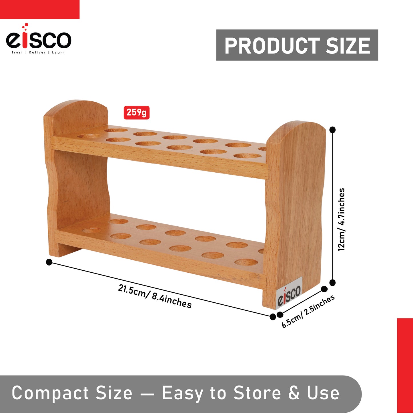 Eisco Wooden Test Tube Rack – Durable Lab Stand for Test Tubes, Holds Multiple Tubes, Chemical Resistant, Polished Wood, Ideal for Science Labs, Chemistry, Biology & Home Experiments