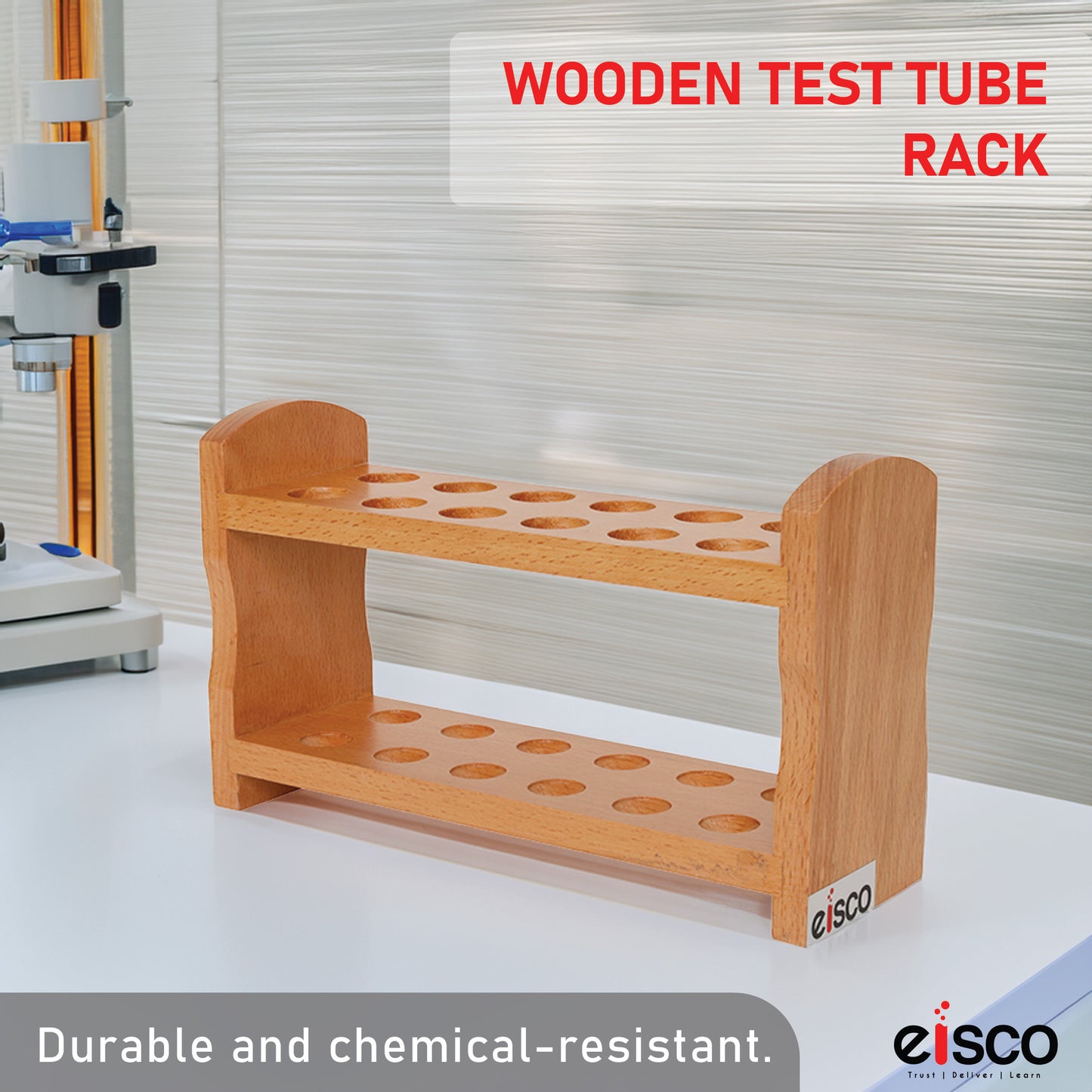 Eisco Wooden Test Tube Rack – Durable Lab Stand for Test Tubes, Holds Multiple Tubes, Chemical Resistant, Polished Wood, Ideal for Science Labs, Chemistry, Biology & Home Experiments