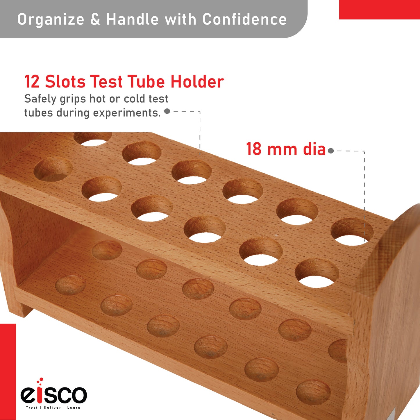 Eisco Wooden Test Tube Rack – Durable Lab Stand for Test Tubes, Holds Multiple Tubes, Chemical Resistant, Polished Wood, Ideal for Science Labs, Chemistry, Biology & Home Experiments