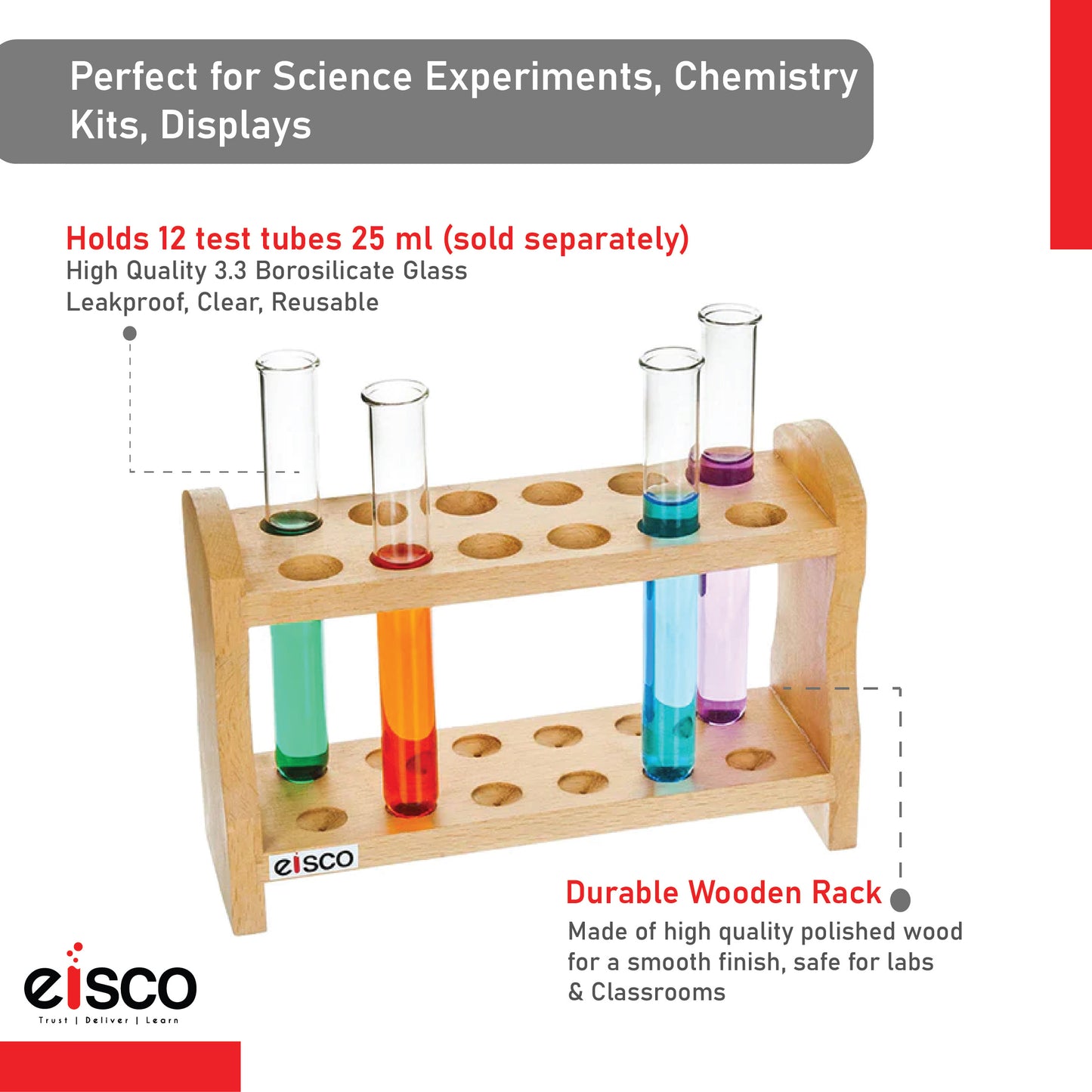 Eisco Wooden Test Tube Rack – Durable Lab Stand for Test Tubes, Holds Multiple Tubes, Chemical Resistant, Polished Wood, Ideal for Science Labs, Chemistry, Biology & Home Experiments