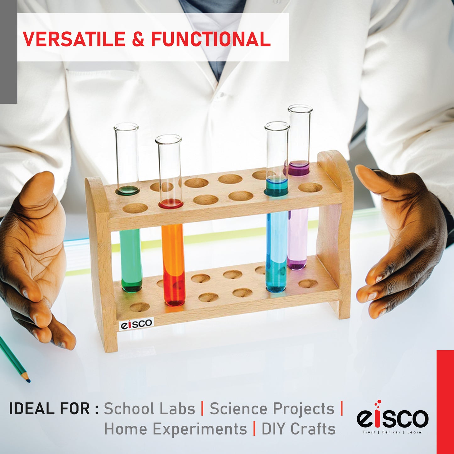 Eisco Wooden Test Tube Rack – Durable Lab Stand for Test Tubes, Holds Multiple Tubes, Chemical Resistant, Polished Wood, Ideal for Science Labs, Chemistry, Biology & Home Experiments