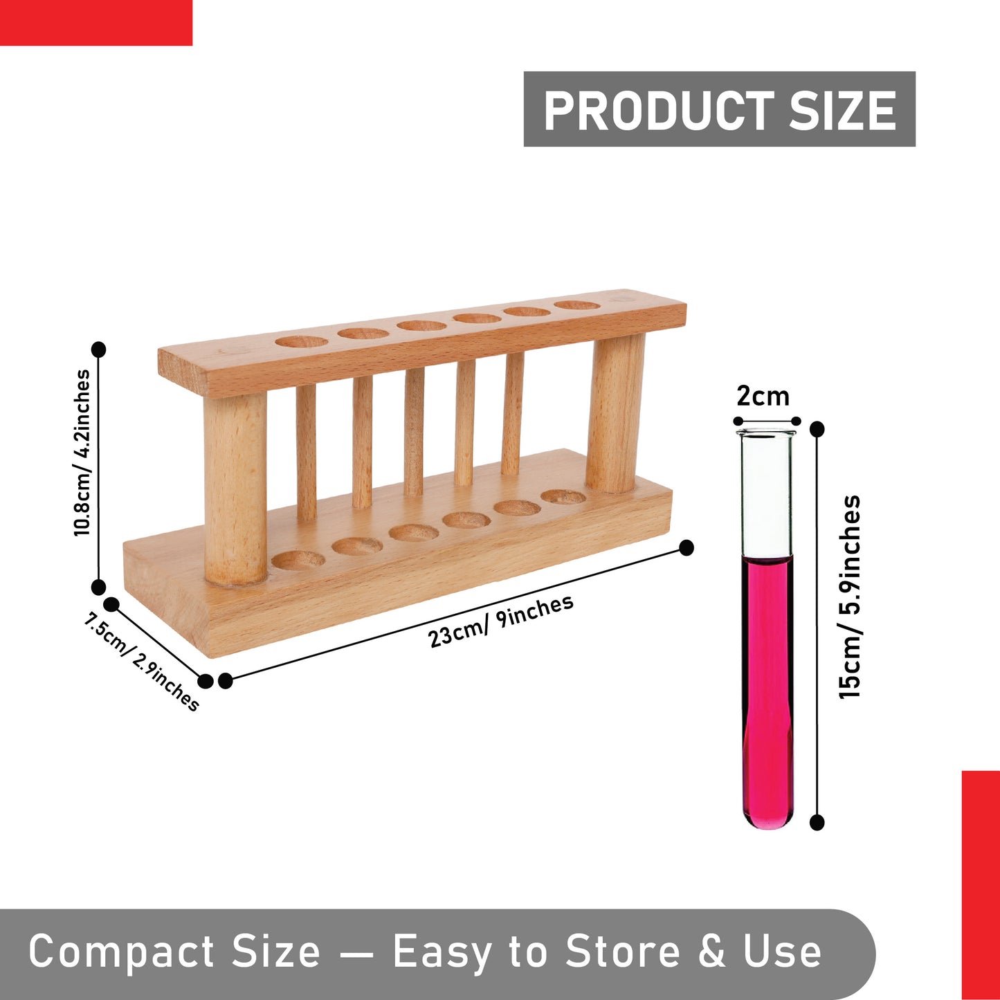 EISCO Premium Wooden Test Tube Rack with Drying Pins | Holds 6 Tubes (Up to 18mm Dia) | Includes 6 x 25ml Tubes | Polished & Durable Stand for Lab & Home Use | Combo Pack for Science Experiments
