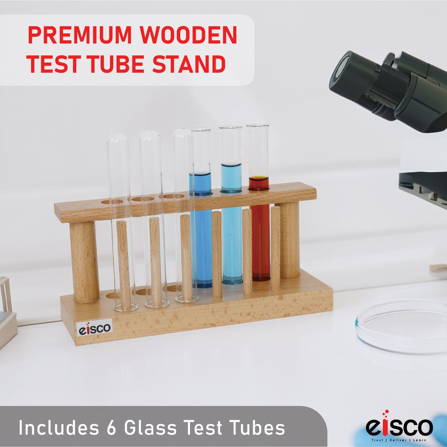 EISCO Premium Wooden Test Tube Rack with Drying Pins | Holds 6 Tubes (Up to 18mm Dia) | Includes 6 x 25ml Tubes | Polished & Durable Stand for Lab & Home Use | Combo Pack for Science Experiments