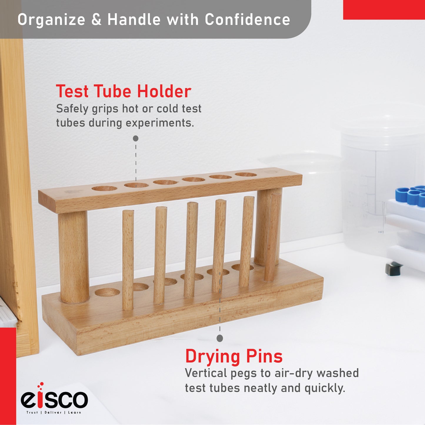 EISCO Premium Wooden Test Tube Rack with Drying Pins | Holds 6 Tubes (Up to 18mm Dia) | Includes 6 x 25ml Tubes | Polished & Durable Stand for Lab & Home Use | Combo Pack for Science Experiments