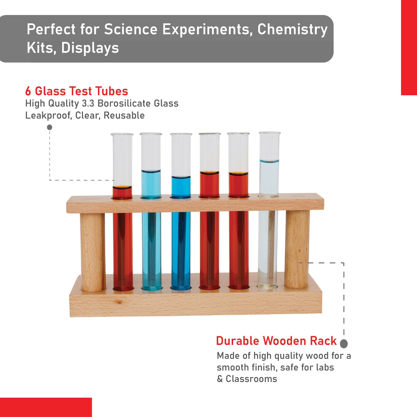 EISCO Premium Wooden Test Tube Rack with Drying Pins | Holds 6 Tubes (Up to 18mm Dia) | Includes 6 x 25ml Tubes | Polished & Durable Stand for Lab & Home Use | Combo Pack for Science Experiments