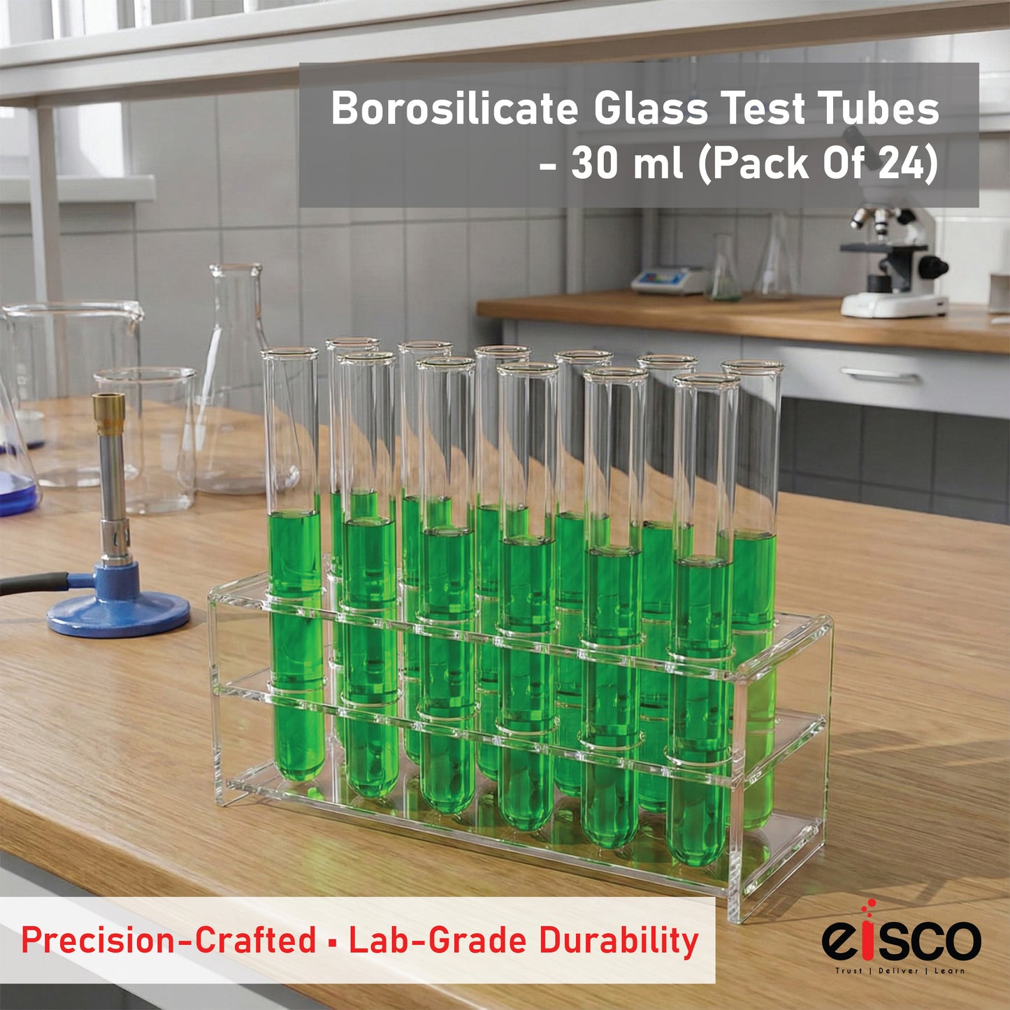 Test Tubes, Borosilicate Glass, Rimmed, Hand Made, Blown, Accurate Size and Consistent Wall Thickness, 150 x 20 mm, 30 ml Capacity Pack of 24