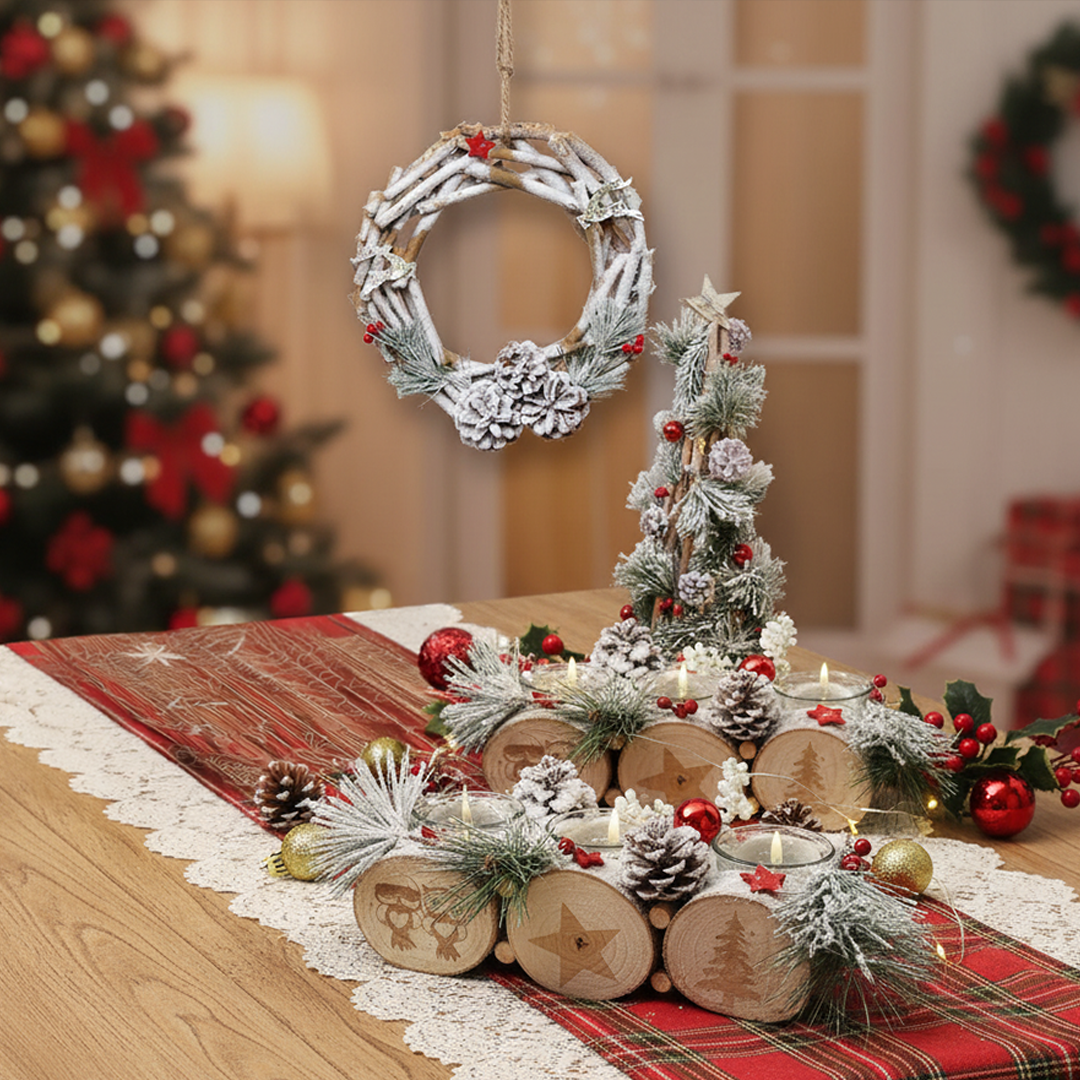 LABZIO Rustic Winter Christmas Tree Wreath - 12-Inch Pinecone & Berry Wreath with Snow-Dusted Branches - Holiday Door & Christmas Tree Decor with Hanging Rope