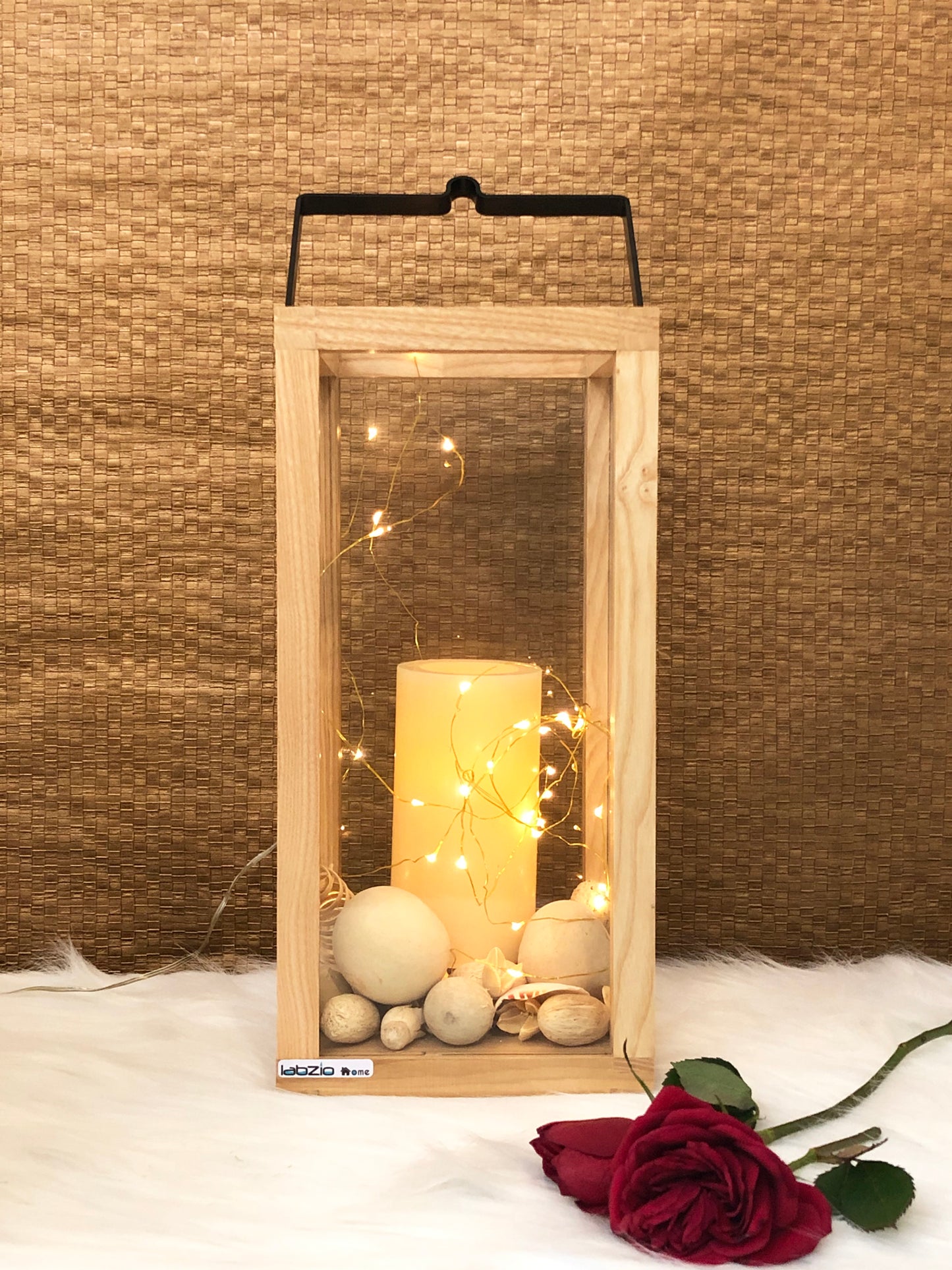 Labzio Home -Wooden Candle Stand, Lantern for Indoor/Outdoor use,Contemporary Chic Styling, Comes with a Handle for for The Ease of Hanging