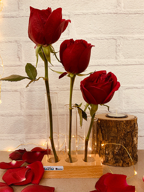 Labzio Home - Flower Vase with 3 Hand Blown Borosilicate glass test tubes in a Small Rectangle Wooden Block Stand