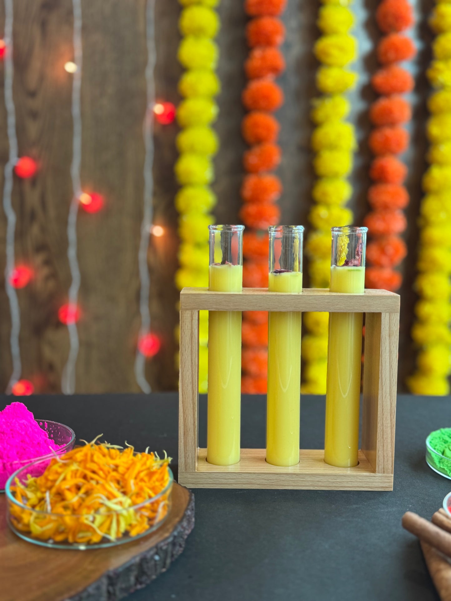 Labzio Wooden Flower Vase – Handcrafted Decorative Stand with 3 Borosilicate Glass Test Tubes | Perfect for Home, Office, Living Room, Indoor Plants, Bedroom & Wedding Décor Gift