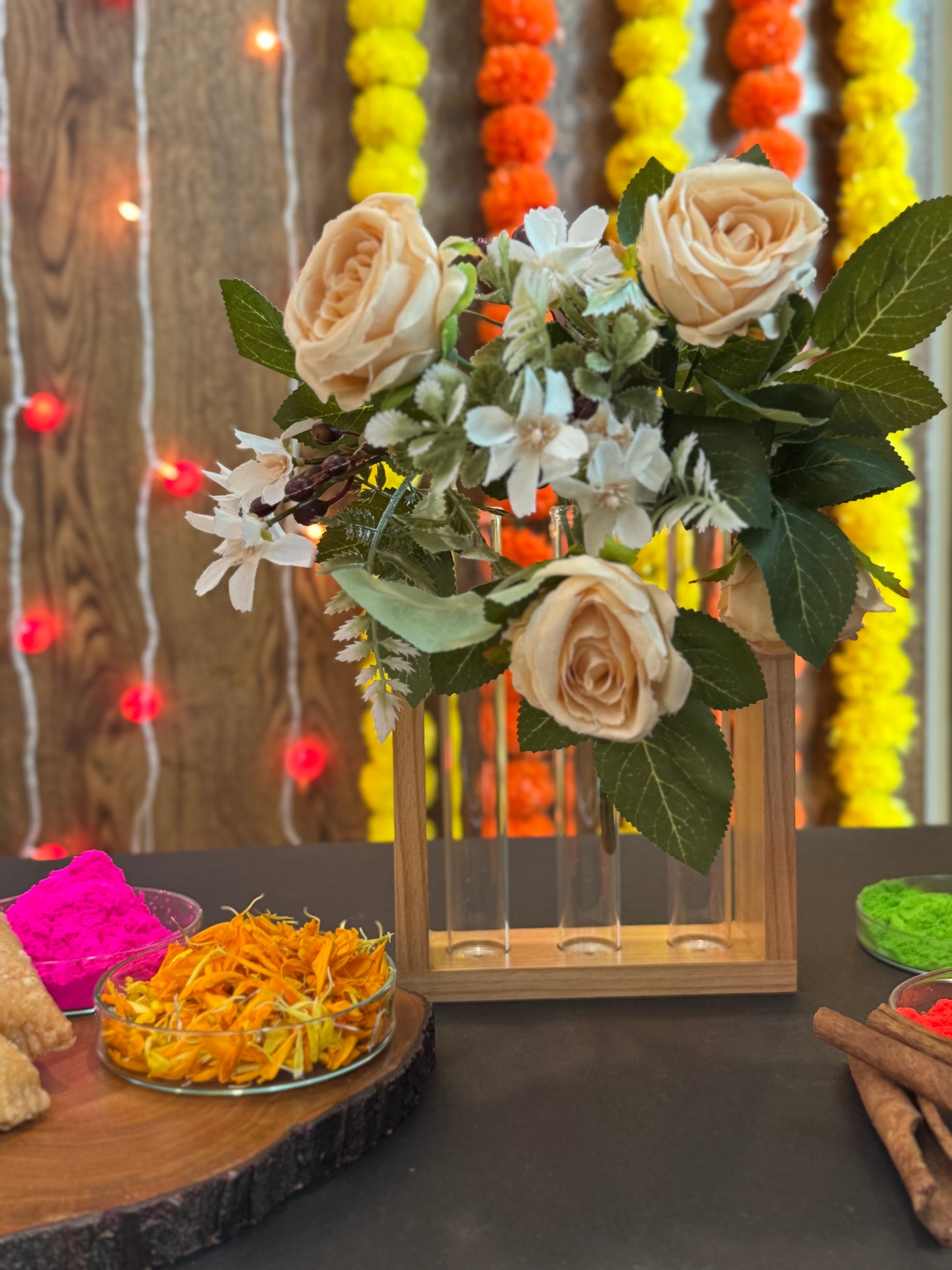 Labzio Wooden Flower Vase – Handcrafted Decorative Stand with 3 Borosilicate Glass Test Tubes | Perfect for Home, Office, Living Room, Indoor Plants, Bedroom & Wedding Décor Gift