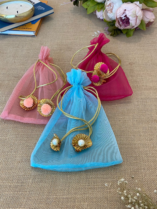 LABZIO Silk Organza Potli Bags for Return Gifts – 9x7 Inch Silk Gift Pouches with Drawstring & Flower Design, Wedding, Mehendi, Party Favor Bags, Jewelry Pouch - (Pack of 5)