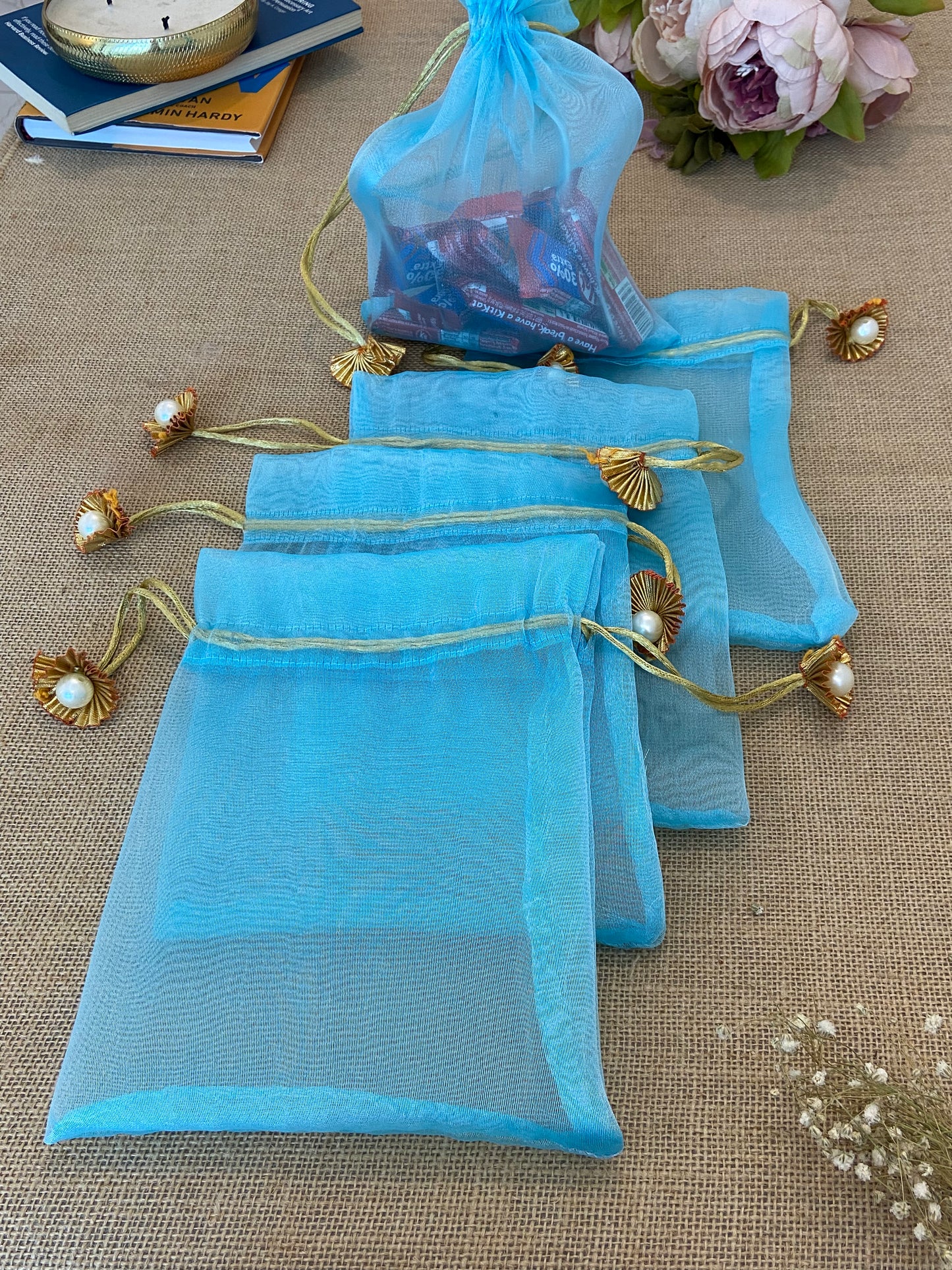 LABZIO Silk Organza Potli Bags for Return Gifts – 9x7 Inch Silk Gift Pouches with Drawstring & Flower Design, Wedding, Mehendi, Party Favor Bags, Jewelry Pouch - (Pack of 5)