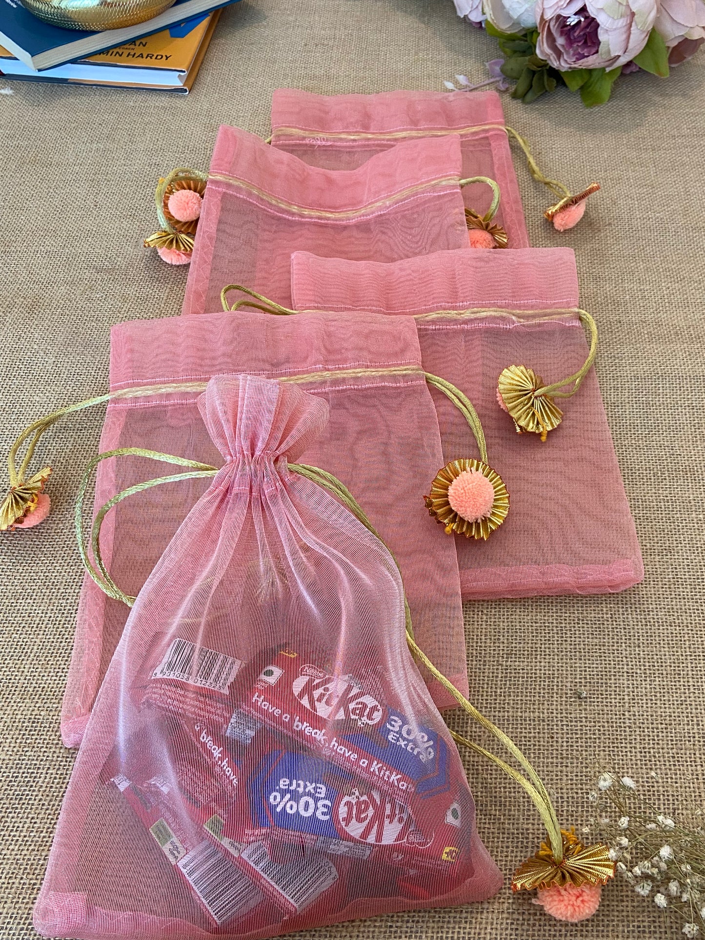LABZIO Silk Organza Potli Bags for Return Gifts – 9x7 Inch Silk Gift Pouches with Drawstring & Flower Design, Wedding, Mehendi, Party Favor Bags, Jewelry Pouch - (Pack of 5)