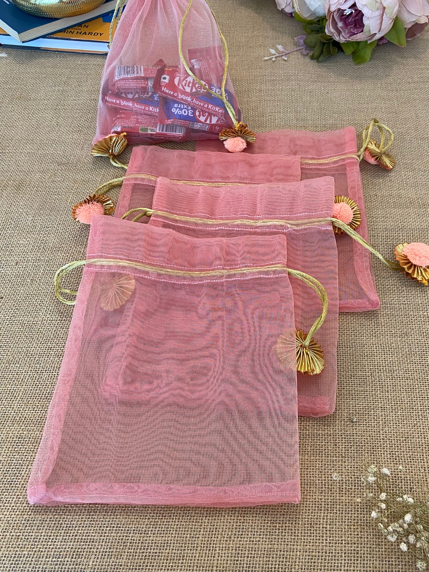 LABZIO Silk Organza Potli Bags for Return Gifts – 9x7 Inch Silk Gift Pouches with Drawstring & Flower Design, Wedding, Mehendi, Party Favor Bags, Jewelry Pouch - (Pack of 5)