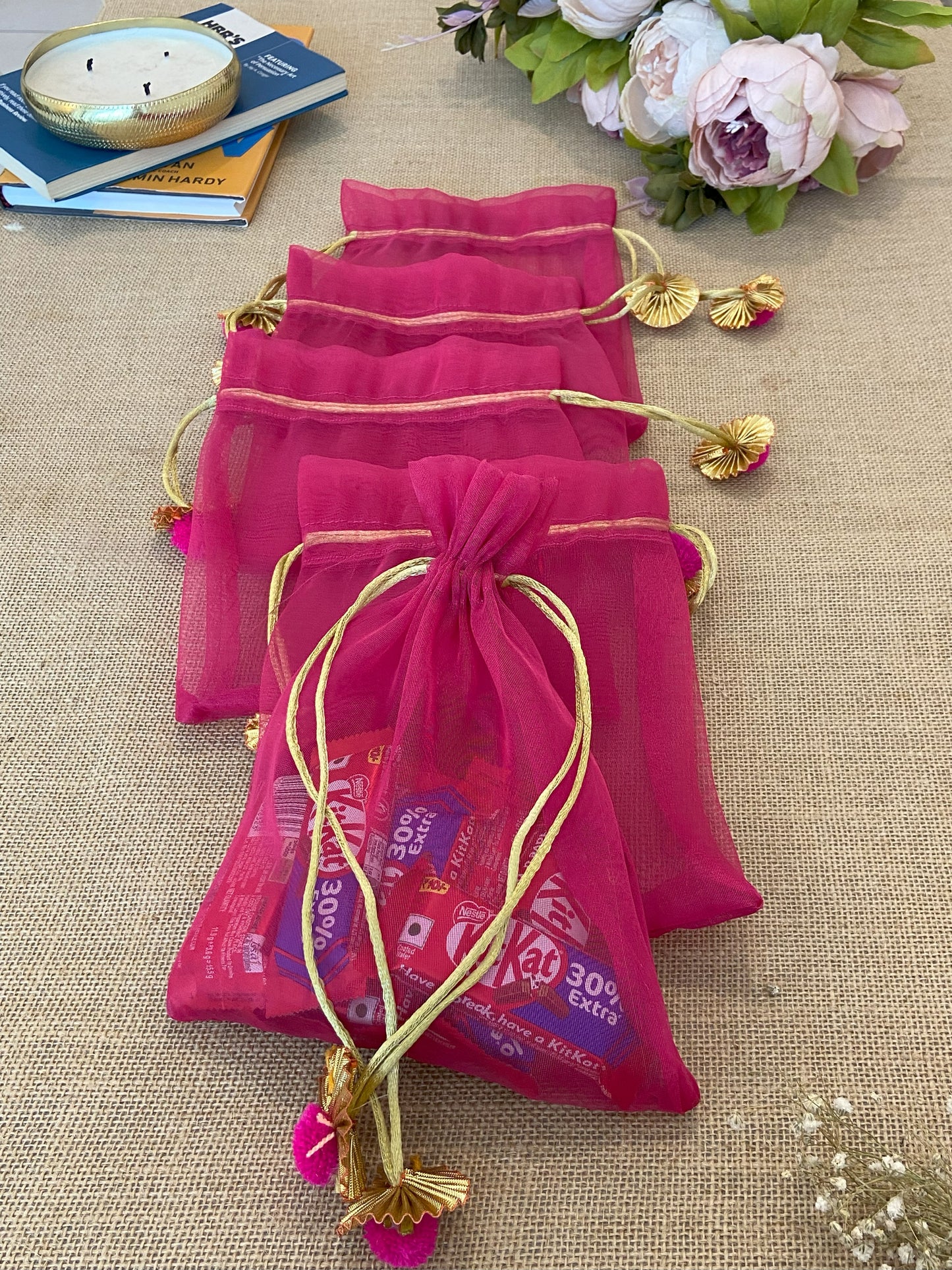 LABZIO Silk Organza Potli Bags for Return Gifts – 9x7 Inch Silk Gift Pouches with Drawstring & Flower Design, Wedding, Mehendi, Party Favor Bags, Jewelry Pouch - (Pack of 5)