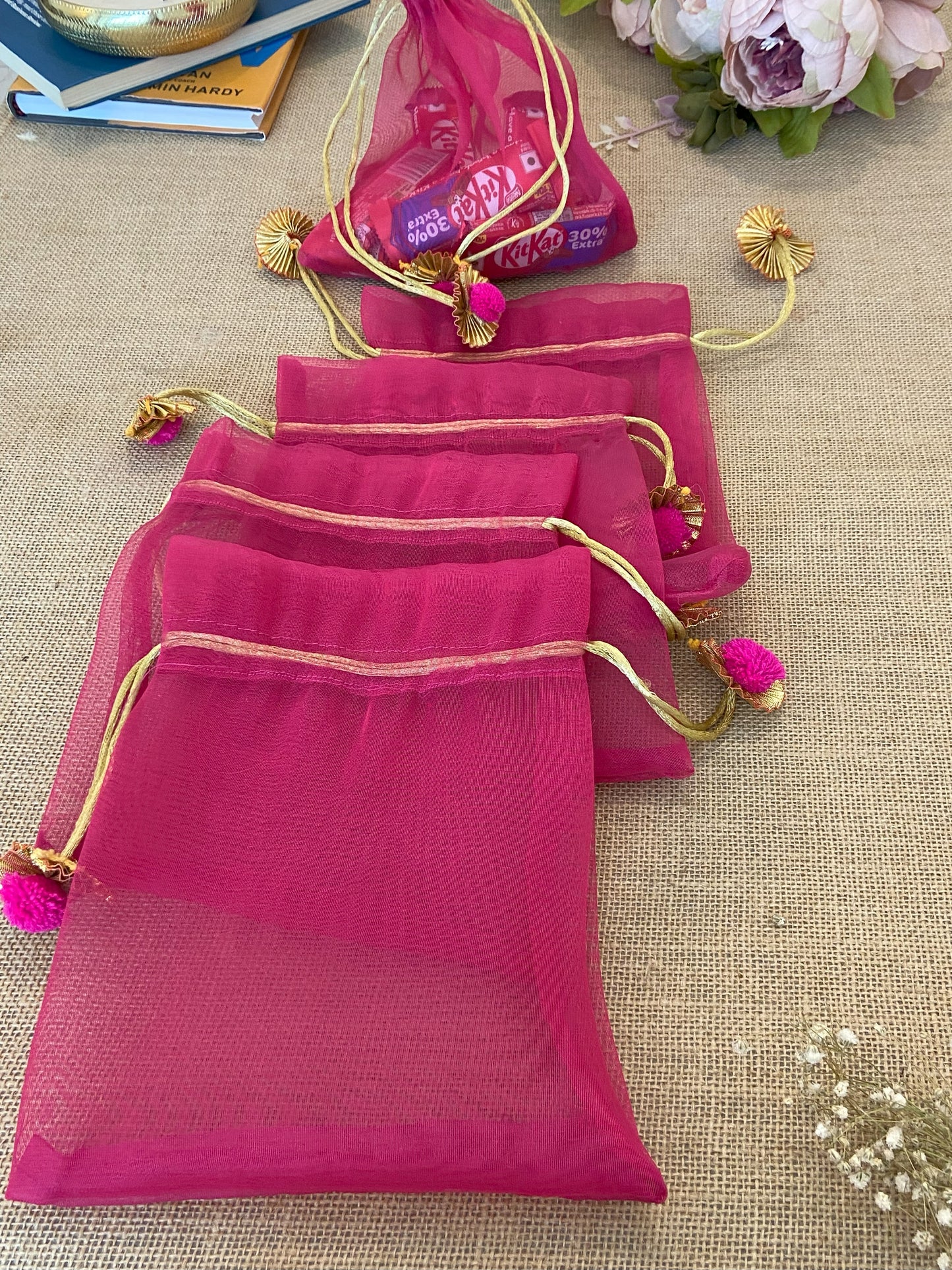LABZIO Silk Organza Potli Bags for Return Gifts – 9x7 Inch Silk Gift Pouches with Drawstring & Flower Design, Wedding, Mehendi, Party Favor Bags, Jewelry Pouch - (Pack of 5)