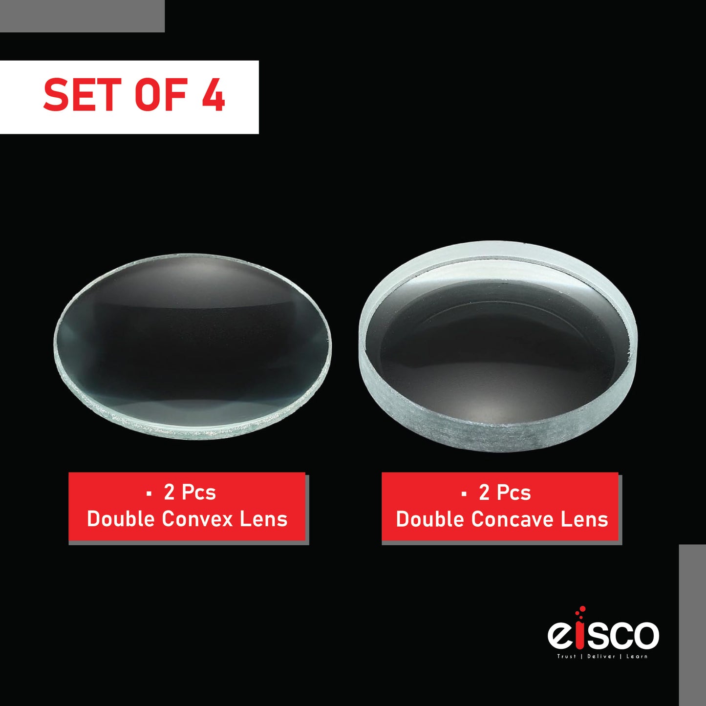 EISCO Optical Glass Lenses (Set of 4) 50mm Double Convex & Concave, High Quality Polished Glass for Physics, Light Refraction, Ray Optics, Science Experiments, Learning & Educational Lab Equipment