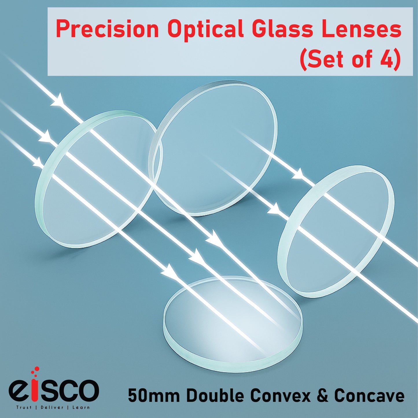 EISCO Optical Glass Lenses (Set of 4) 50mm Double Convex & Concave, High Quality Polished Glass for Physics, Light Refraction, Ray Optics, Science Experiments, Learning & Educational Lab Equipment