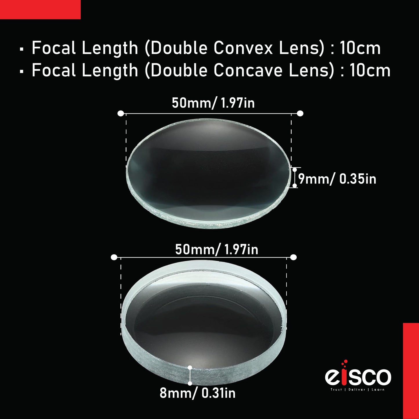EISCO Optical Glass Lenses (Set of 4) 50mm Double Convex & Concave, High Quality Polished Glass for Physics, Light Refraction, Ray Optics, Science Experiments, Learning & Educational Lab Equipment