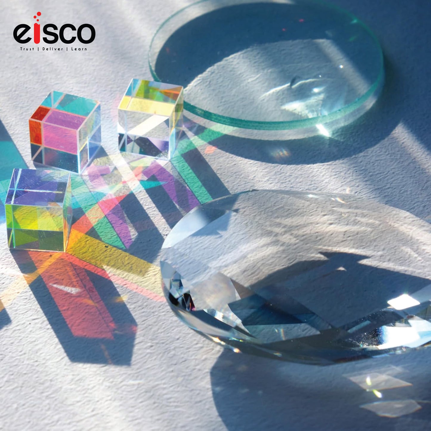 EISCO Optical Glass Lenses (Set of 4) 50mm Double Convex & Concave, High Quality Polished Glass for Physics, Light Refraction, Ray Optics, Science Experiments, Learning & Educational Lab Equipment