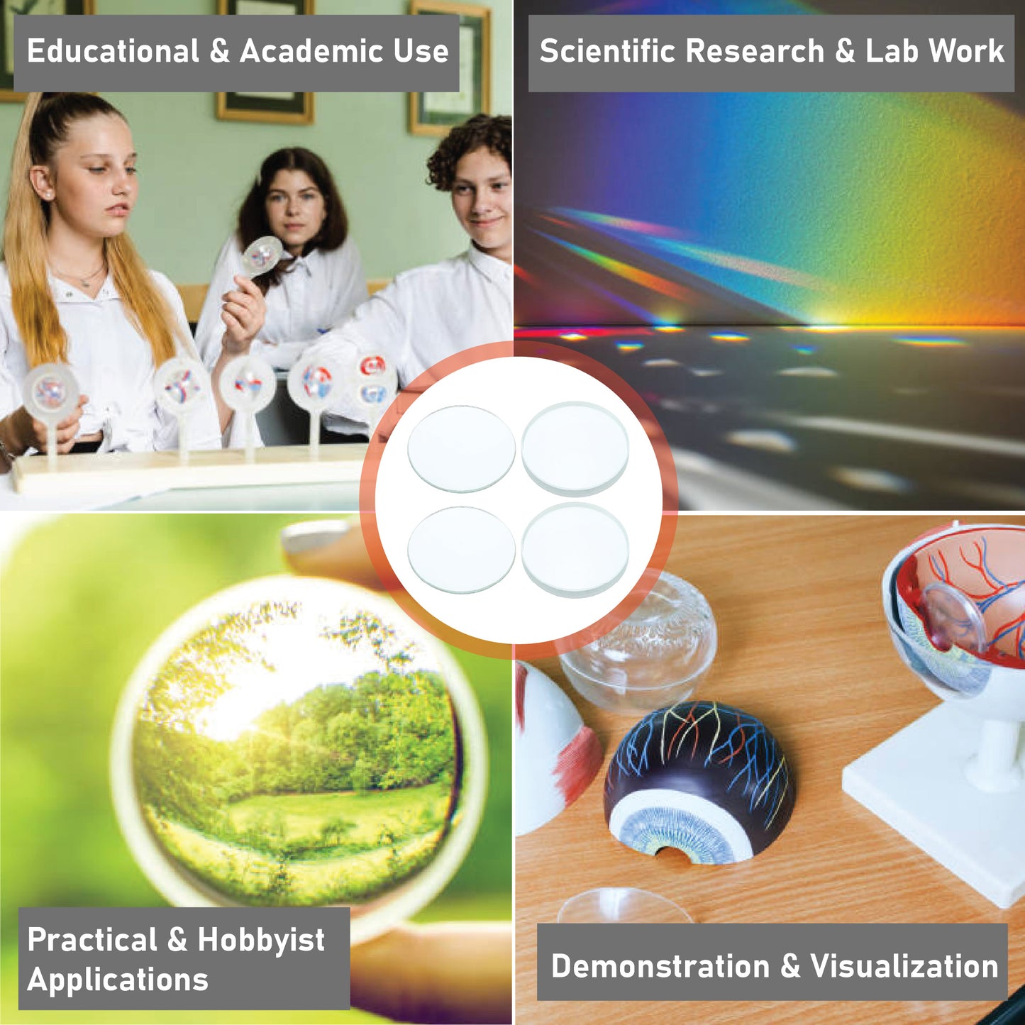 EISCO Optical Glass Lenses (Set of 4) 50mm Double Convex & Concave, High Quality Polished Glass for Physics, Light Refraction, Ray Optics, Science Experiments, Learning & Educational Lab Equipment