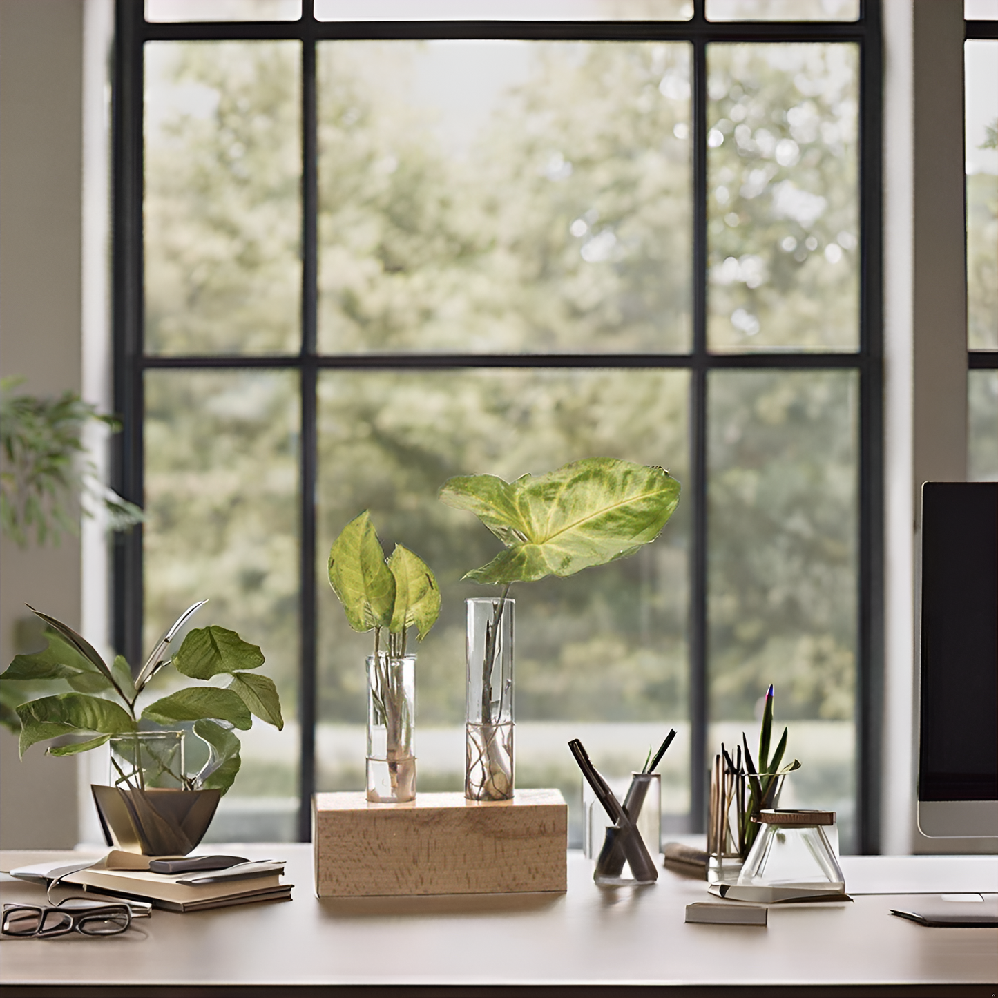 Labzio Home - Flower Vase with 2 Hand Blown Borosilicate Glass Test Tubes in a Rectangle Wooden Block Stand