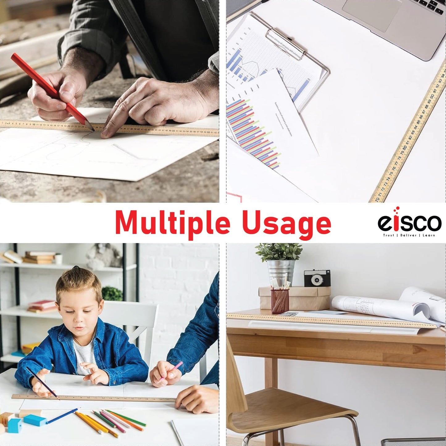 EISCO Premium One Meter (100cm) Wooden Scale(ruler), Horizontal Reading In Reverse On Each End, Pack of 2