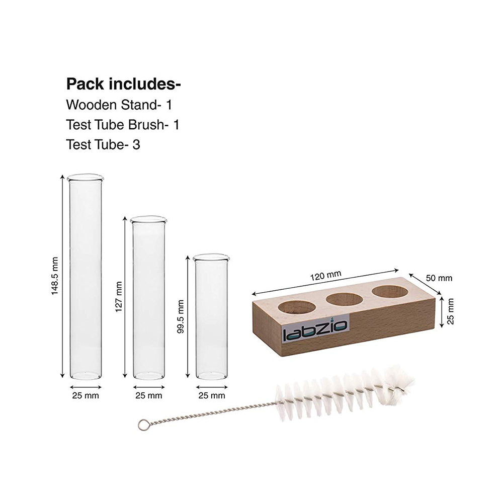 Labzio Home - Flower Vase with 3 Hand Blown Borosilicate glass test tubes in a Small Rectangle Wooden Block Stand