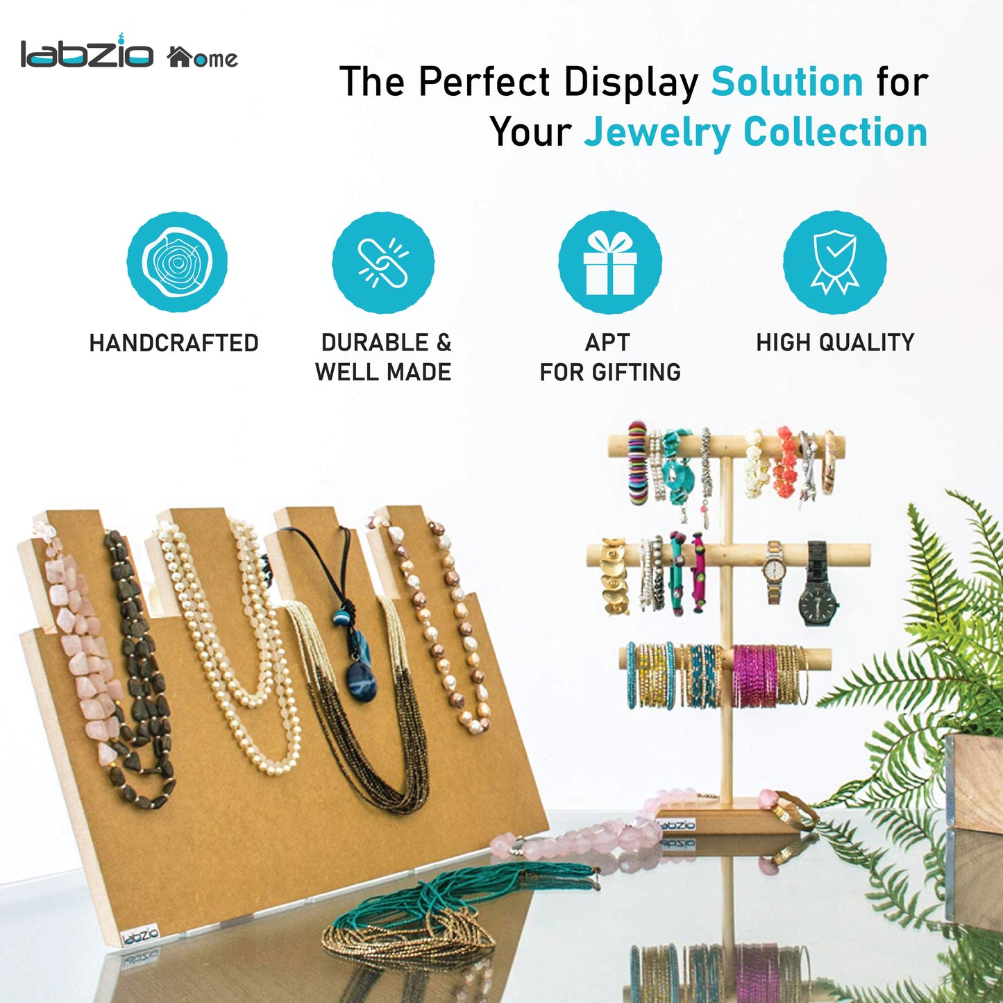 LABZIO Home | Wooden 4 Slot Necklace Holder for Jewelry, Beads | Chains Necklace Display Stand | Ideal for Retail, Craft Shows, Home Decor, Scarf, Stoles