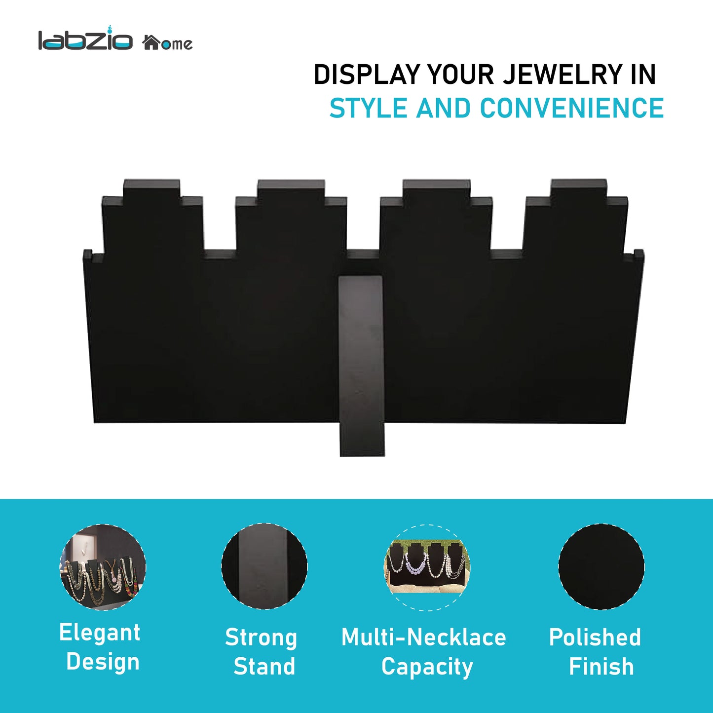 LABZIO Home | Wooden 4 Slot Necklace Holder for Jewelry, Beads | Chains Necklace Display Stand | Ideal for Retail, Craft Shows, Home Decor, Scarf, Stoles