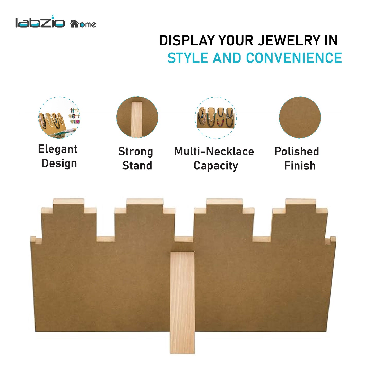 LABZIO Home | Wooden 4 Slot Necklace Holder for Jewelry, Beads | Chains Necklace Display Stand | Ideal for Retail, Craft Shows, Home Decor, Scarf, Stoles