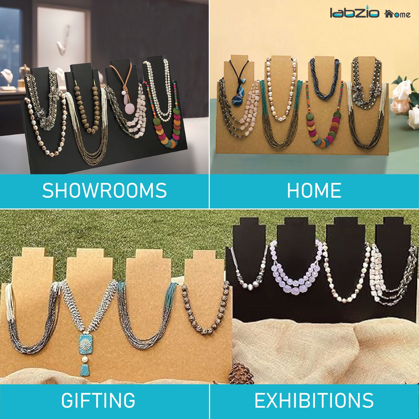 LABZIO Home | Wooden 4 Slot Necklace Holder for Jewelry, Beads | Chains Necklace Display Stand | Ideal for Retail, Craft Shows, Home Decor, Scarf, Stoles