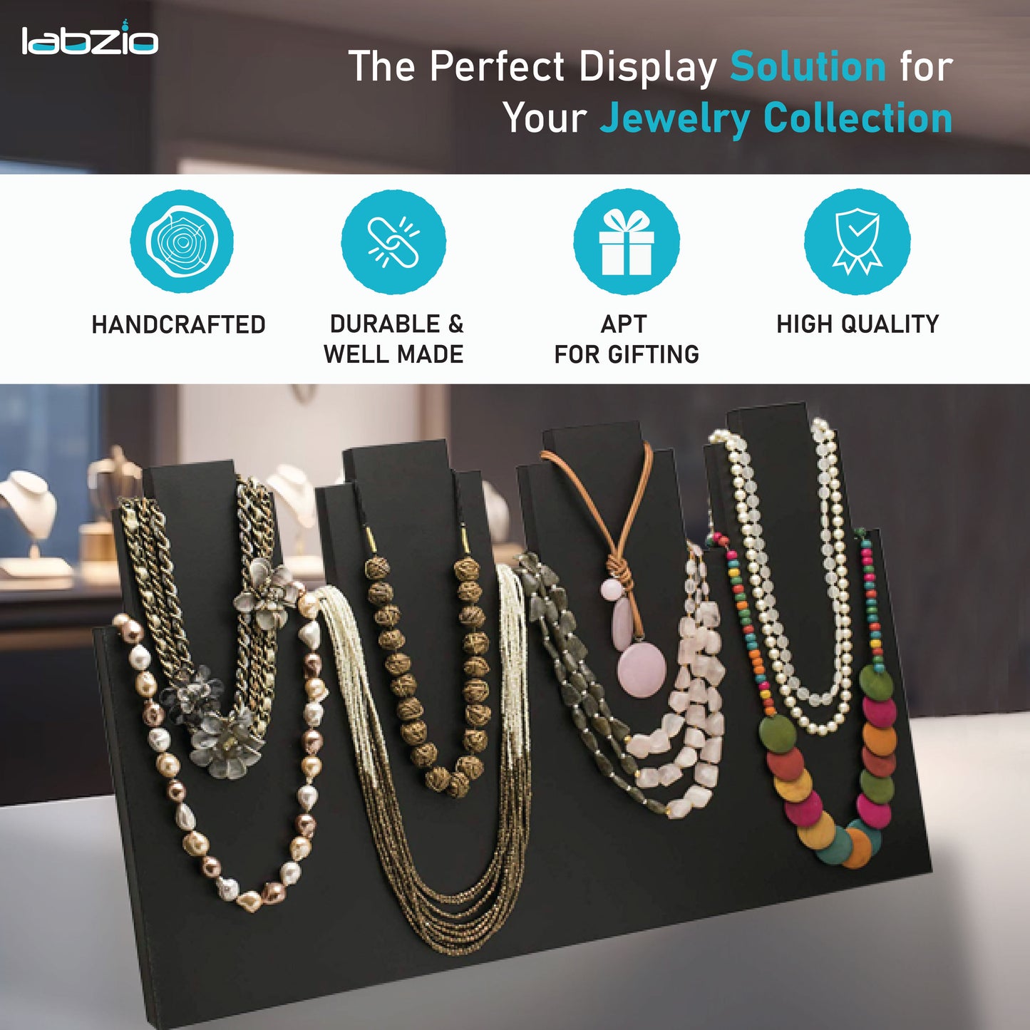 LABZIO Home | Wooden 4 Slot Necklace Holder for Jewelry, Beads | Chains Necklace Display Stand | Ideal for Retail, Craft Shows, Home Decor, Scarf, Stoles