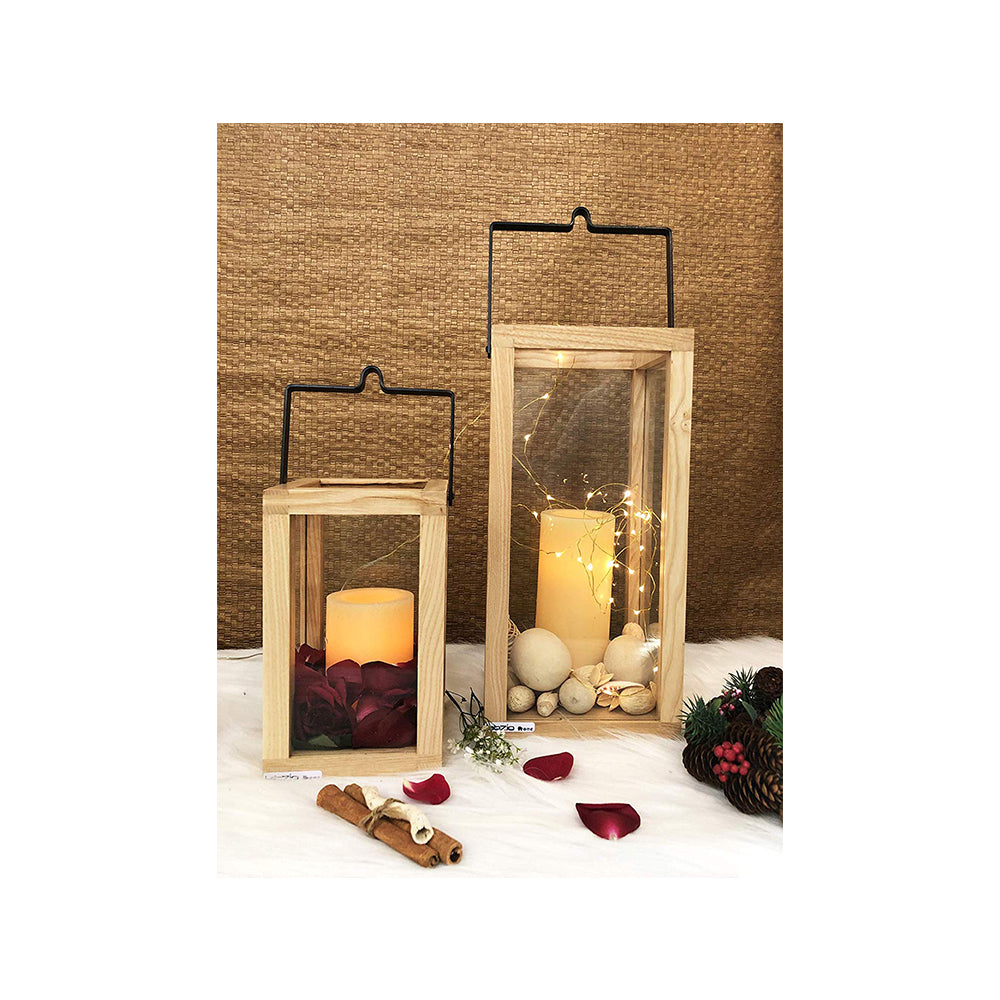 Labzio Home -Wooden Candle Stand, Lantern for Indoor/Outdoor use,Contemporary Chic Styling, Comes with a Handle for for The Ease of Hanging